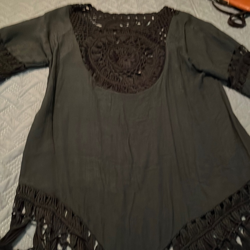 Sexy black coverup with fringe and crochet